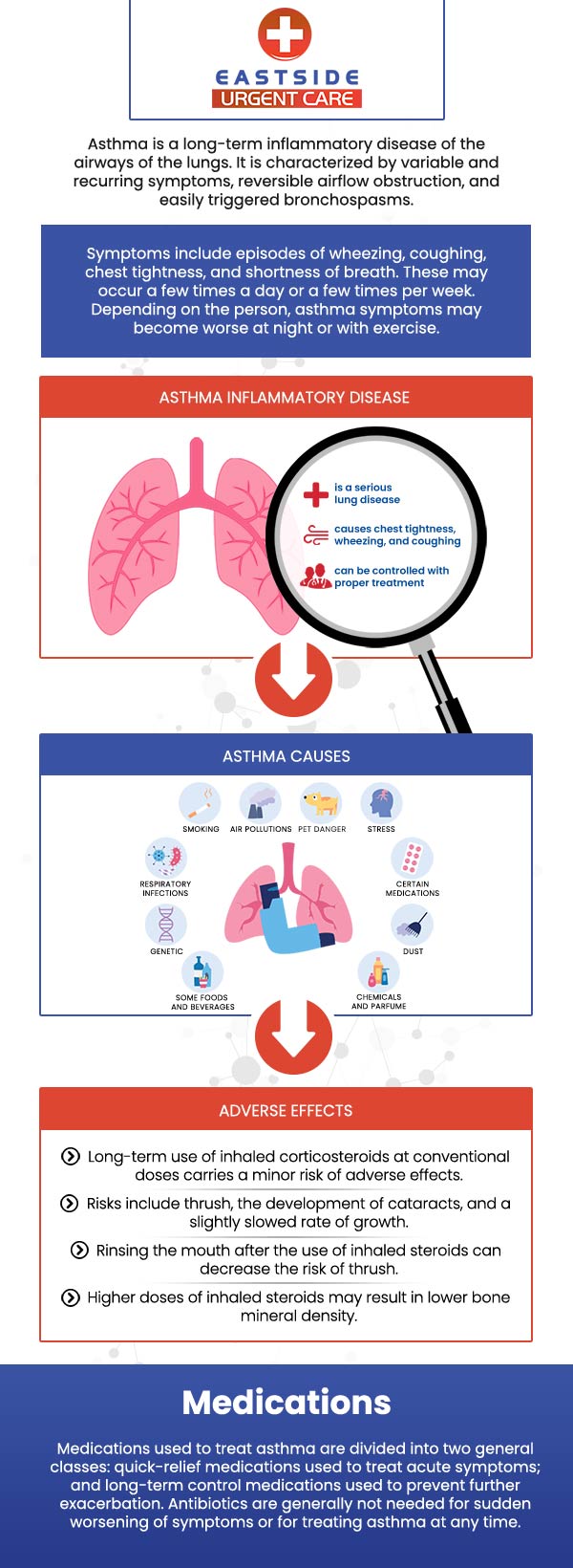 Asthma is a chronic respiratory disease that can cause a variety of symptoms including wheezing, shortness of breath, chest tightness, rapid breathing, and fatigue. Eastside Urgent Care helps manage asthma for all ages. Walk in today. For more information, contact us or book a same-day priority appointment. We are conveniently located at 988 Ohio Pike, Cincinnati, OH 45245. 