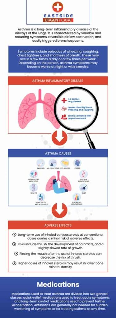 Asthma is a chronic respiratory disease that can cause a variety of symptoms including wheezing, shortness of breath, chest tightness, rapid breathing, and fatigue. Eastside Urgent Care helps manage asthma for all ages. Walk in today. For more information, contact us or book a same-day priority appointment. We are conveniently located at 988 Ohio Pike, Cincinnati, OH 45245. 