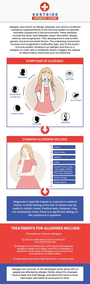 Eastside Urgent Care offers prompt relief for allergy sufferers. Whether you're battling seasonal allergies, food sensitivities, or other allergy-related issues, our experienced medical team is equipped to diagnose and treat your condition. From medication prescriptions to allergy testing, we provide comprehensive care to help you manage your symptoms and improve your quality of life. For more information, contact us or book an appointment. We are conveniently located at 988 Ohio Pike, Cincinnati, OH 45245.