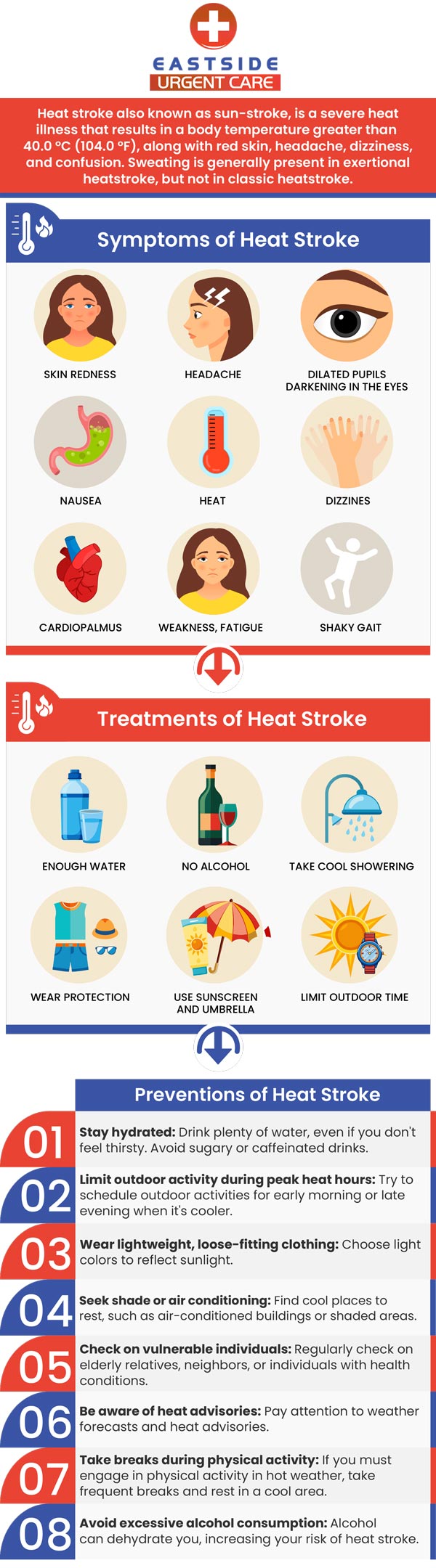 Eastside Urgent Care offers recognition and treatment of heat stroke. Some common symptoms of heat stroke include confusion, loss of consciousness, profuse sweating, seizures, and high temperature. Walk in today or contact us to schedule an appointment. We are conveniently located at 988 Ohio Pike, Cincinnati, OH 45245.