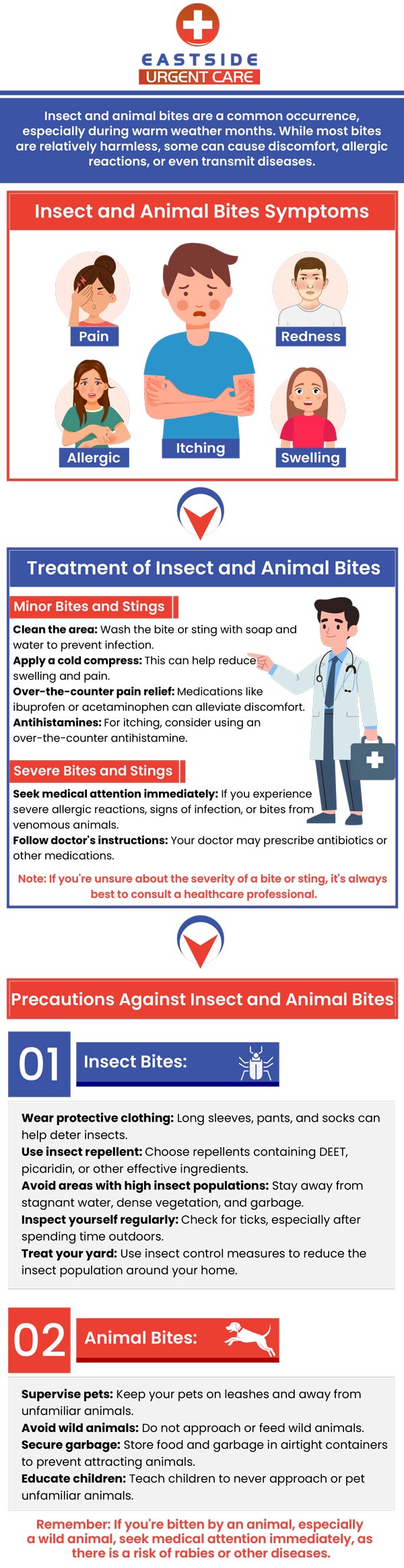 Stings and bites from insects are common and they often result in redness and swelling in the injured area. Some common symptoms include pain in the affected area, itching, and numbness. At Eastside Urgent Care we can help treat insect and animal bites. Walk-in today or contact us to schedule an appointment. We are conveniently located at 988 Ohio Pike, Cincinnati, OH 45245.