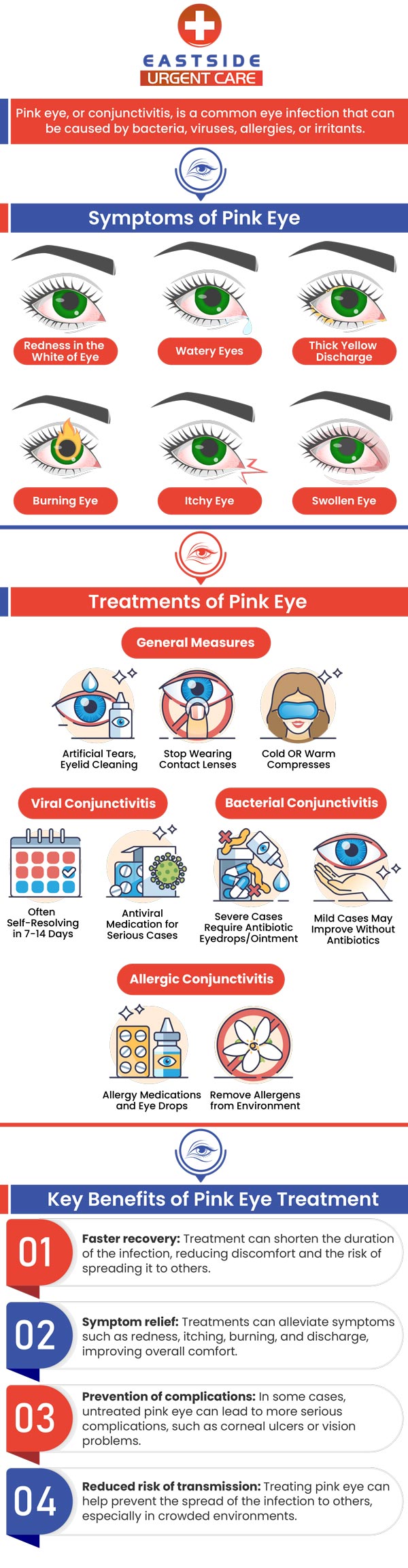Pink eye can cause discomfort. Some common symptoms of pink eye include redness, itching, eye discharge, blurry eyesight, burning eyes, light sensitivity and swelling of conjunctiva. Our specialists at Eastside Urgent Care can help with pink eye treatment. Walk-in today or contact us to schedule an appointment. We are conveniently located at 988 Ohio Pike, Cincinnati, OH 45245.