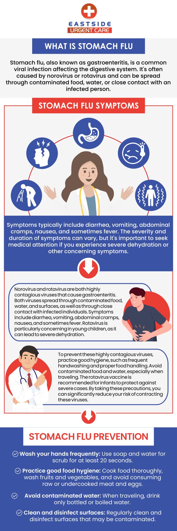 Stomach flu, also known as gastroenteritis, is a viral infection that affects the stomach and intestines. The symptoms of stomach flu can range from mild to severe and include nausea, vomiting, fever, loss of appetite, headache and dehydration. Visit Eastside Urgent Care if you are looking for Stomach Flu Treatment. For more information, contact us or book a same-day priority appointment. We are conveniently located at 988 Ohio Pike, Cincinnati, OH 45245.