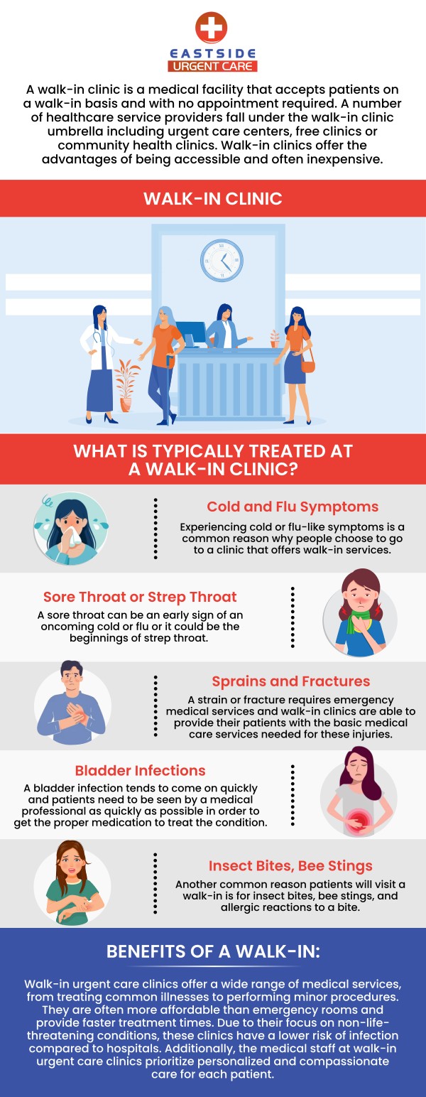 Come to Eastside Urgent Care when you need a walk-in clinic in Cincinnati, OH. Walk-in clinics provide several benefits such as reduced waiting time, cost reduction, convenience, and seasonal testing and treatment. We provide immediate care with same day appointment and can treat many common conditions. Come see us today! For more information, contact us or book a same-day priority appointment. We are conveniently located at 988 Ohio Pike, Cincinnati, OH 45245. 