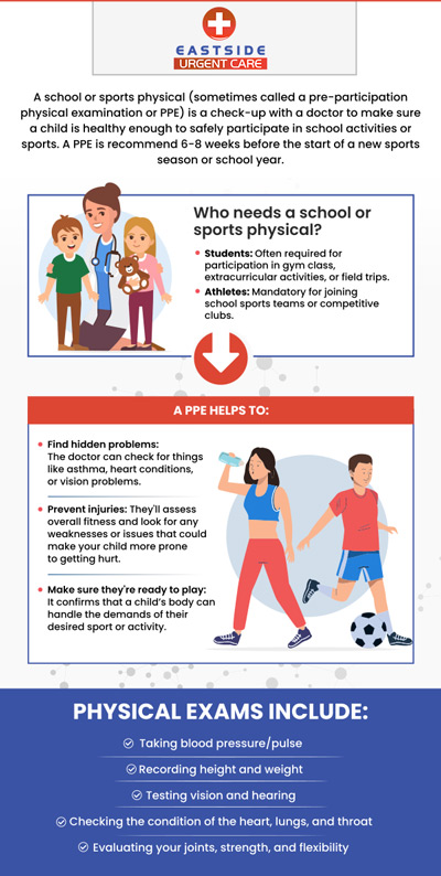 A sport physical is an important medical examination that is conducted to assess a person's overall health and fitness level in relation to their participation in sports activities. Some common benefits include identifying and treating existing health problems, preventing injuries, ensuring fitness levels, and much more. Eastside Urgent Care in Cincinnati, OH offers comprehensive school and sports physical examinations. For more information, contact us or book a same-day priority appointment. We are conveniently located at 988 Ohio Pike, Cincinnati, OH 45245. 