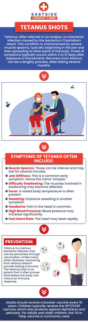 A tetanus shot is a vital vaccination that shields you from serious bacterial infections caused by wounds or injuries. This safe and effective vaccine helps prevent tetanus, a condition that can lead to severe muscle stiffness, spasms, and other complications. At East Side Urgent Care in Cincinnati OH, we provide quick and convenient tetanus shots, ensuring you stay protected against this potentially life-threatening condition. For more information, contact us or book a same-day priority appointment. We are conveniently located at 988 Ohio Pike, Cincinnati, OH 45245.