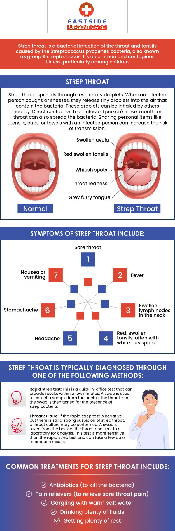 If you or your child is experiencing a sore throat, painful swallowing, nausea, fever, or other symptoms of strep throat, visit us for prompt treatment. Eastside walk-in Urgent Care is offering treatment for strep throat in Cincinnati, OH. For more information, contact us or book a same-day priority appointment. We are conveniently located at 988 Ohio Pike, Cincinnati, OH 45245. If you or your child is experiencing a sore throat, painful swallowing, nausea, fever, or other symptoms of strep throat, visit us for prompt treatment. Eastside walk-in Urgent Care is offering treatment for strep throat in Cincinnati, OH. For more information, contact us or book a same-day priority appointment. We are conveniently located at 988 Ohio Pike, Cincinnati, OH 45245.