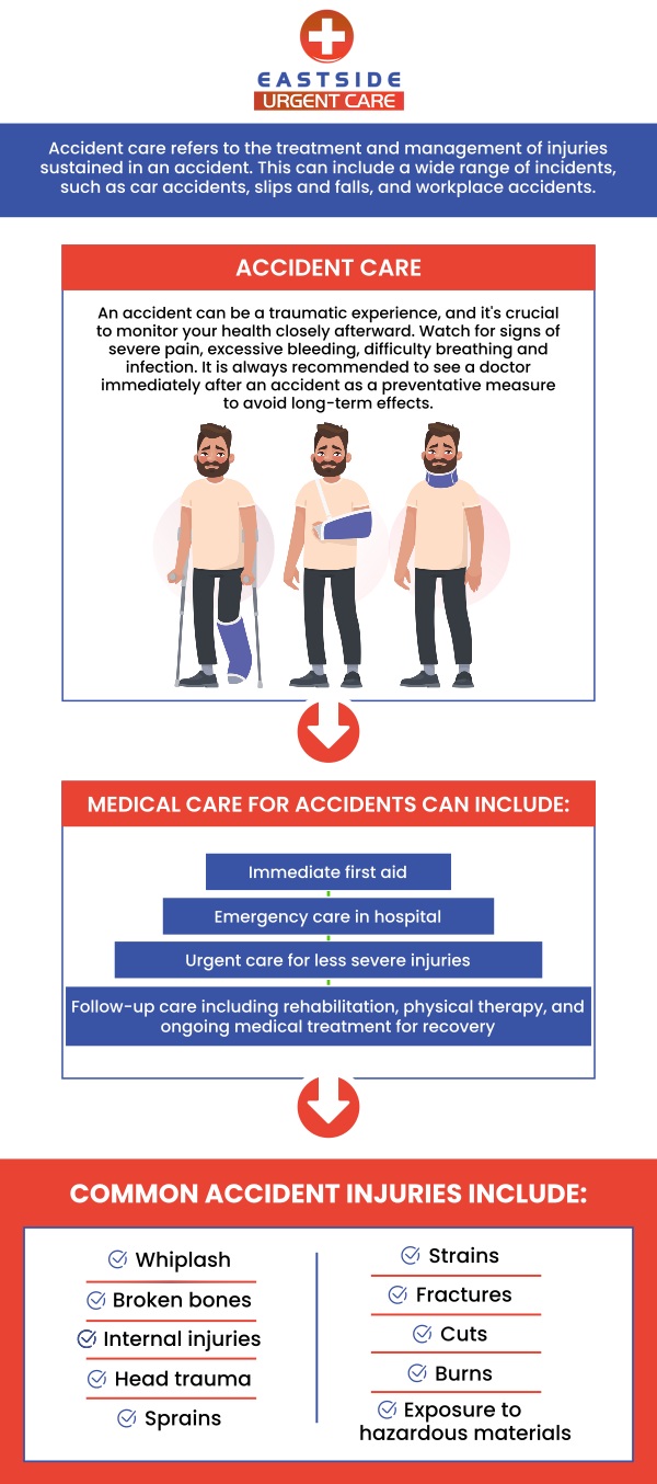 Choosing urgent care after an accident allows you to receive timely and comprehensive medical attention, ensuring that your injuries are properly evaluated and treated. Medical care for accidents is available at Eastside Urgent Care. If you are concerned about your life, then you should go to the emergency room right away. If your injuries are not life-threatening, urgent care is the best option. For more information, contact us or book a same-day priority appointment. You can also visit us online to get directions to our clinic. We are conveniently located at 988 Ohio Pike, Cincinnati, OH 45245.