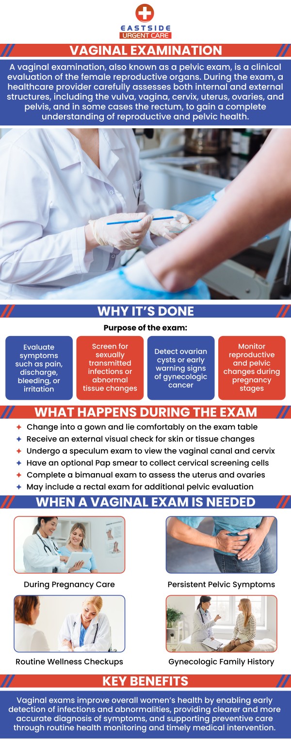 A vaginal examination involves using the vagina to physically inspect the organs in the pelvis. It can identify any symptoms of ovarian cysts, some STDs, uterine growths, or early-stage cancer. Dr. Noor U. Hassan MD, at Eastside Urgent Care offers vaginal examination in Cincinnati, OH. For more information, contact us or book an appointment. You can also visit us online to get directions to our clinic. We are conveniently located at 988 Ohio Pike, Cincinnati, OH 45245.